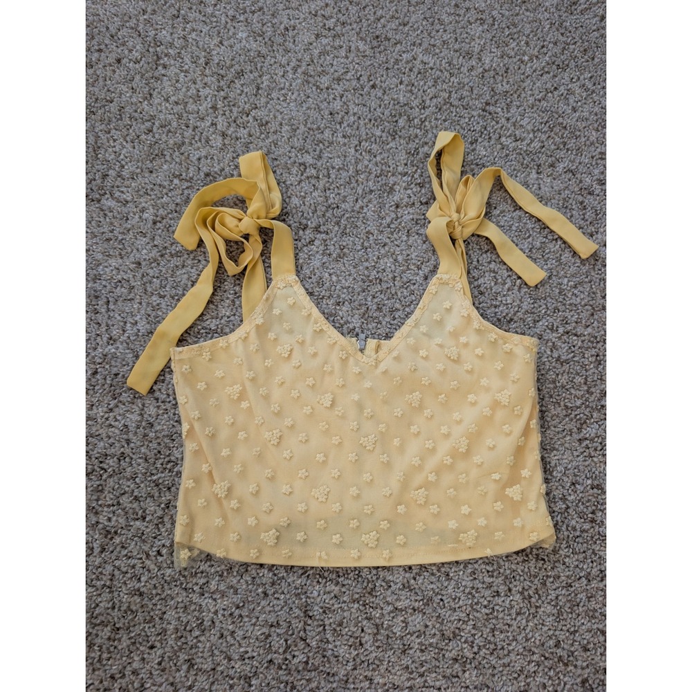 Mi Ami Yellow Floral Embroidered Mesh Tie Shoulder Crop Top Small